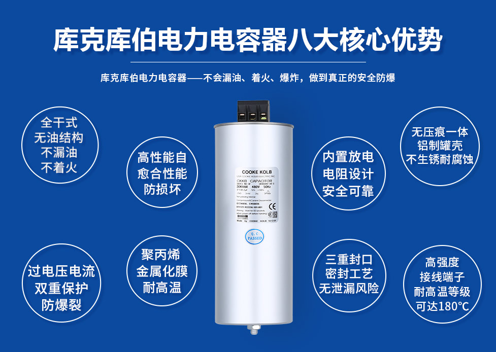 產(chǎn)品特點(diǎn)： 1、全干式設(shè)計(jì)，氣體保護(hù)，無(wú)漏油，無(wú)污染； 2、過(guò)壓保護(hù)裝置設(shè)計(jì)，過(guò)電壓過(guò)電流雙重保護(hù) ，防爆性能優(yōu)良； 3、高性能自愈式設(shè)計(jì)，優(yōu)良自愈功能 ； 4、內(nèi)置放電模塊，可觸摸端子更安全 ； 5、一體式無(wú)壓痕加強(qiáng)型外殼，耐爆能力強(qiáng)，無(wú)泄露風(fēng)險(xiǎn) ； 6、體積和重量大大減小，只相當(dāng)于老產(chǎn)品的1/3。 產(chǎn)品用途： 主要用于低壓配電系統(tǒng)中，進(jìn)行無(wú)功補(bǔ)償，降低無(wú)功損耗，提高功率因數(shù)，改善電能質(zhì)量。 