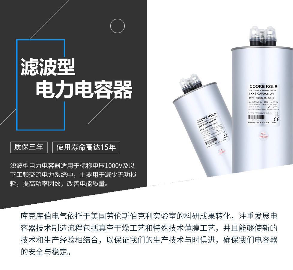 濾波型電力電容器適用于標(biāo)稱電壓1000V及以下工頻交流電力系統(tǒng)中，主要用于減少無(wú)功損耗，提高功率因數(shù)，改善電網(wǎng)質(zhì)量。產(chǎn)品是在百級(jí)凈化、真空操作環(huán)境下制造，采用銀鋅鋁聚丙烯金屬化膜，使用美國(guó)勞倫斯伯克利實(shí)驗(yàn)室的科研成果，嚴(yán)格按照IEC60831-2014及GB/T12747-2017進(jìn)行生產(chǎn)，確保電力電容器安全穩(wěn)定，正常使用壽命可達(dá)15年以上