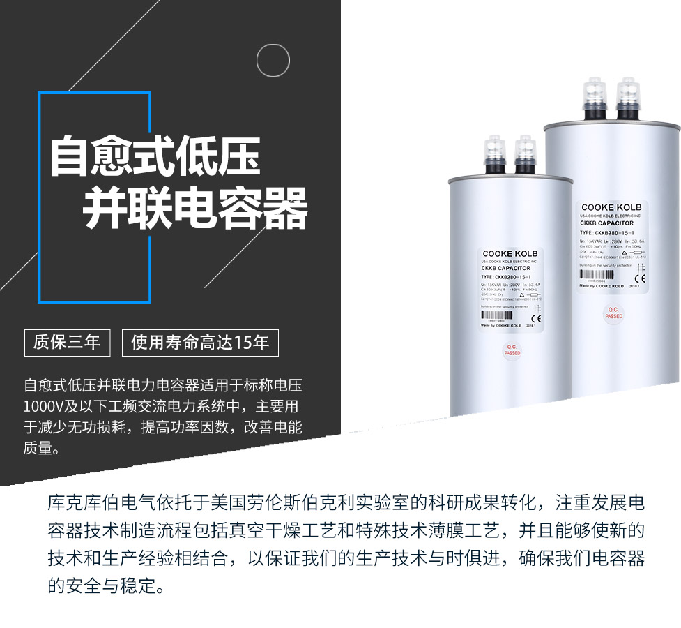 自愈式低壓并聯(lián)電容器適用于標(biāo)稱電壓1000V及以下工頻交流電力系統(tǒng)中，主要用于減少無(wú)功損耗，提高功率因數(shù)，改善電網(wǎng)質(zhì)量。產(chǎn)品是在百級(jí)凈化、真空操作環(huán)境下制造，采用銀鋅鋁聚丙烯金屬化膜，使用美國(guó)勞倫斯伯克利實(shí)驗(yàn)室的科研成果，嚴(yán)格按照IEC60831-2014及GB/T12747-2017進(jìn)行生產(chǎn)，確保電力電容器安全穩(wěn)定，正常使用壽命可達(dá)15年以上